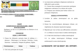 Première page de Histoire-Géographie 6e — 2e évaluation sommative, 2e semestre (2019-2020) · CEG GBESSOU