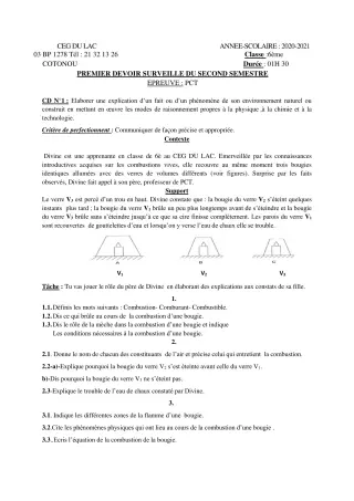 Première page de PCT 6e — 1er devoir surveillé, 2e semestre (2020-2021) · CEG du Lac