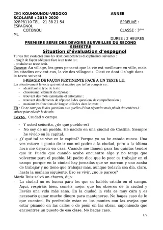 Première page de Espagnol 3e ML — 1er devoir surveillé, 2e semestre (2019-2020) · CEG Kouhounou-Vêdoko