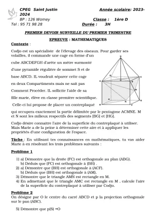 Première page de Mathématiques 1ère D, Tle A2, Tle B — 1er devoir surveillé, 1er trimestre (2023-2024) · CPEG SAINT Justin