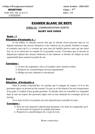 Première page de Français 3e, 3e ML — Composition (2020-2021) · CEG HOUEYIHO