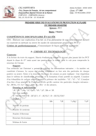 Première page de PCT 2nde C, 2nde D — Production scolaire, 1er semestre (2020-2021) · CEG Sainte Rita