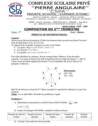 Première page de Mathématiques 4e, 4e ML — Composition (2019-2020) · CPEG PIERRE ANGULAIRE