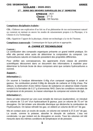 Première page de PCT 6e, 5e, 4e, 3e, 2nde D, 1ère D, Tle D — Devoir surveillé, 1er semestre (2020-2021) · CEG SEGBOHOUE
