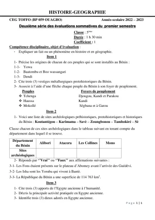Première page de Histoire-Géographie 5e — 2e évaluation sommative, 1er semestre (2022-2023) · CEG - TOFFO