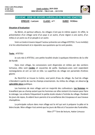 Première page de Français 6e, 5e, 4e, 4e ML, 3e, 3e ML, 2nde A & B, 2nde A1, 2nde A2, 2nde B, 2nde D — 2e devoir surveillé, 2e semestre (2019-2020) · CEG Les Pylônes