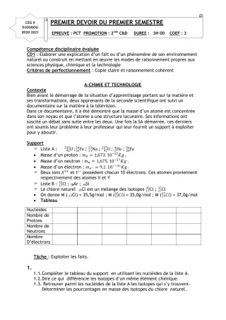 Première page de PCT 2nde D — 1er devoir surveillé, 1er semestre (2020-2021) · CEG 2 Djougou