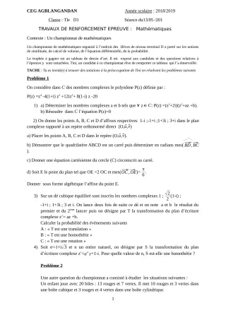 Première page de Interrogation écrite de MATHS GENE — Tle D — CEG AGBLANGANDAN (2018)