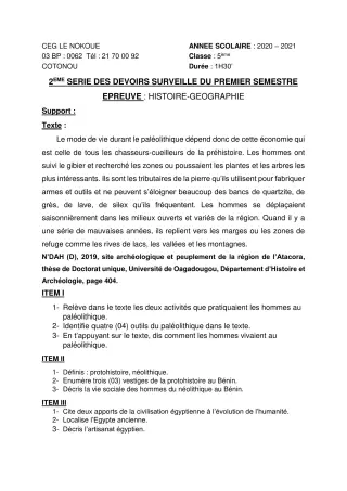 Première page de Histoire-Géographie 5e — 2e devoir surveillé, 1er semestre (2020-2021) · CEG LE NOKOUE