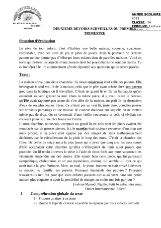 Première page de Français 5e — 2e devoir surveillé (2020-2021) · CPEG PENIEL