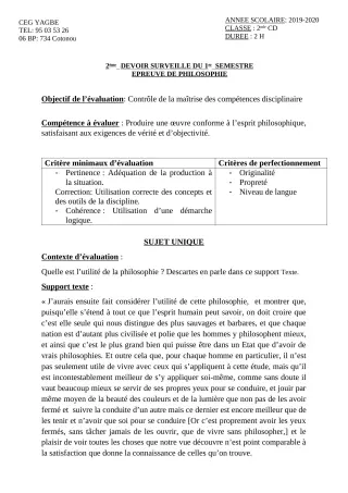 Première page de Philosophie 2nde C, 2nde D — 2e devoir surveillé, 1er semestre (2019-2020) · CEG Yagbe