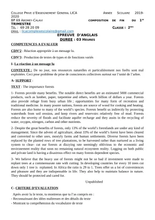 Première page de Anglais 2nde A2, 2nde B, 2nde C, 2nde D — Composition, 1er trimestre (2019-2020) · CPEG LICA