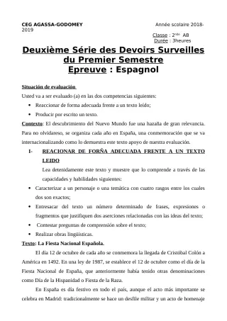 Première page de Espagnol 2nde A & B — 2e devoir surveillé, 1er semestre (2018-2019) · CEG Agassa Godomey