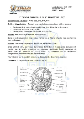 Première page de SVT 2nde A, 2nde B — 1er devoir surveillé, 1er trimestre (2019-2020) · CPEG LE PHARAON