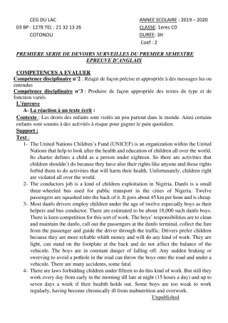 Première page de Anglais 1ère C, 1ère D — 1er devoir surveillé, 1er semestre (2019-2020) · CEG du Lac