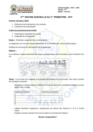 Première page de SVT 4e, 4e ML — 2e devoir surveillé, 1er trimestre (2019-2020) · CPEG LE PHARAON