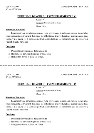 Première page de Français 5e — 2e devoir surveillé, 1er semestre (2019-2020) · CEG Attogon