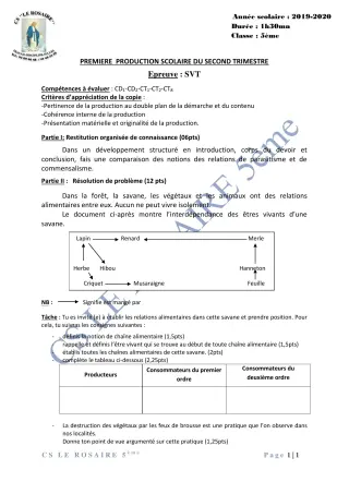 Première page de SVT 5e — 1re production scolaire, 2e trimestre (2019-2020) · CPEG ROSAIRE