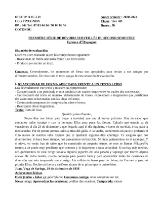 Première page de Espagnol 1ère A2, 1ère B — 1er devoir surveillé, 2e semestre (2020-2021) · CEG FIYEGNON
