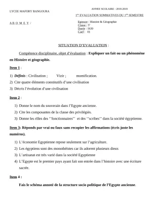 Première page de Histoire-Géographie 5e — 1re évaluation sommative, 1er semestre (2018-2019) · Lycée Houegbadja d'Abomey (Ex Mafory Bangoura)