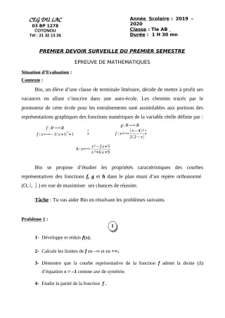 Première page de Mathématiques Tle A2, Tle B — 1er devoir surveillé, 1er semestre (2019-2020) · CEG du Lac