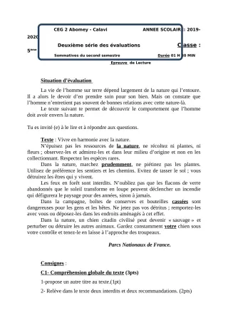 Première page de Français 5e — 2e évaluation sommative, 2e semestre (2019-2020) · CEG2 ABOMEY - CALAVI (CEG ZOCA)
