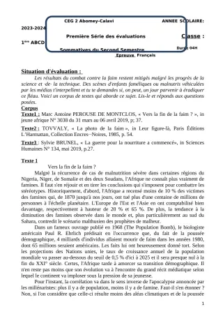 Première page de Français 1ère A & B — 1re évaluation sommative, 2e semestre (2023-2024) · CEG2 ABOMEY - CALAVI (CEG ZOCA)