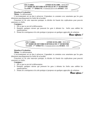 Première page de Français 4e — 2e devoir surveillé, 1er semestre (2018-2019) · CEG Yarra