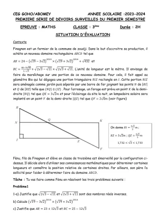 Première page de Mathématiques 3e — 1er devoir surveillé, 1er semestre (2023-2024) · CEG GOHO