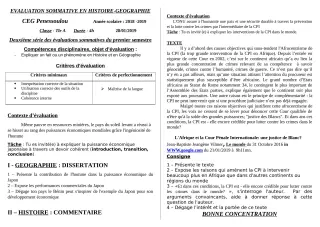 Première page de Histoire-Géographie Tle A2 — Évaluation sommative, 1er semestre (2018-2019) · CEG PENESSOULOU