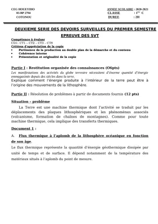 Première page de SVT 1ère C — 2e devoir surveillé, 1er semestre (2020-2021) · CEG HOUEYIHO