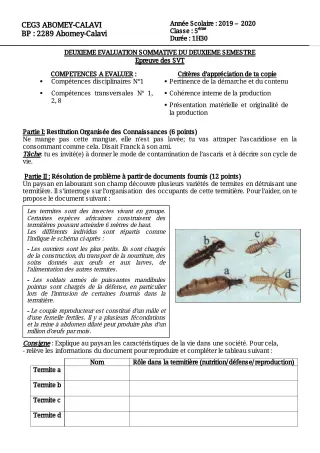 Première page de SVT 5e — 2e évaluation sommative, 2e semestre (2019-2020) · CEG3 ABOMEY CALAVI