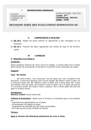 Première page de Anglais 6e, 5e, 4e, 3e, 3e ML, 2nde A2, 2nde B, 2nde C, 2nde D, 1ère A2, 1ère B, 1ère C, 1ère D, Tle A2, Tle B, Tle C, Tle D — 2e évaluation sommative, 1er semestre (2020-2021) · CEG Tankpè