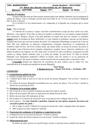 Première page de Français 6e — 1er devoir surveillé, 2e semestre (2019-2020) · CEG MAREGOUROU