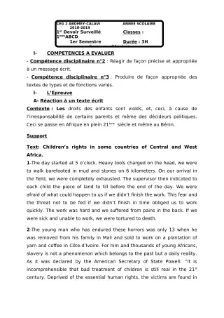 Première page de Anglais 1ère A1, 1ère A2, 1ère B, 1ère C, 1ère D — 1er devoir surveillé, 1er semestre (2018-2019) · CEG2 ABOMEY - CALAVI (CEG ZOCA)