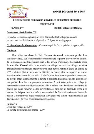 Première page de PCT 6e, 5e, 4e, 4e ML, 3e, 3e ML — 2e devoir surveillé, 1er semestre (2018-2019) · CEG TAMPÈGRÉ