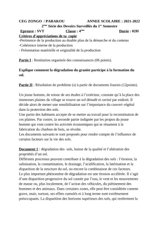 Première page de SVT 4e — 2e devoir surveillé, 1er semestre (2021-2022) · CEG ZONGO