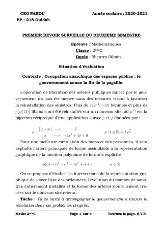 Première page de Mathématiques 2nde C — 1er devoir surveillé, 2e semestre (2020-2021) · CEG PAHOU