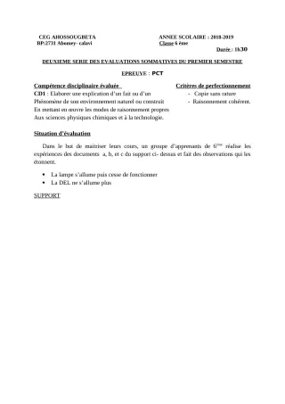 Première page de PCT 6e, 5e, 4e, 3e — 2e évaluation sommative, 1er semestre (2018-2019) · CEG Ahossougbéta