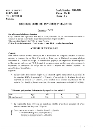 Première page de PCT Tle D — 1er devoir surveillé, 1er semestre (2019-2020) · CEG LE NOKOUE