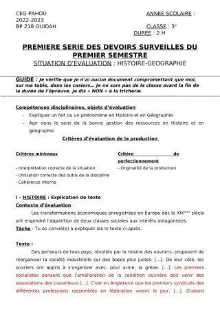 Première page de Histoire-Géographie 3e — 1er devoir surveillé, 1er semestre (2022-2023) · CEG PAHOU