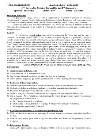 Première page de Français 5e — 1er devoir surveillé, 2e semestre (2019-2020) · CEG MAREGOUROU