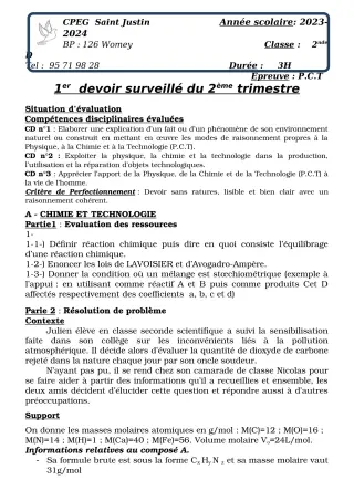 Première page de PCT 2nde D — 1er devoir surveillé, 2e trimestre (2023-2024) · CPEG SAINT Justin