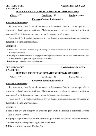 Première page de Français 4e — 2e production scolaire, 2e semestre (2019-2020) · CEG Igbo-ocho