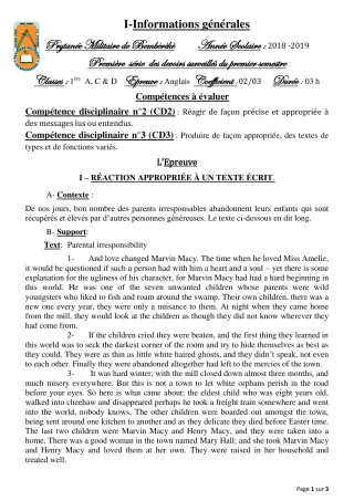 Première page de Anglais 1ère A — 1er devoir surveillé, 1er semestre (2018-2019) · PMB