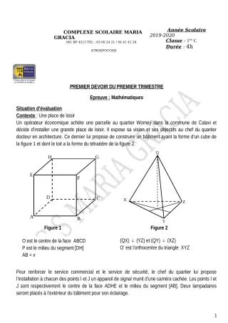 Première page de Mathématiques 1ère C, 1ère D — 1er devoir surveillé, 1er trimestre (2019-2020) · CPEG MARIA GRACIA