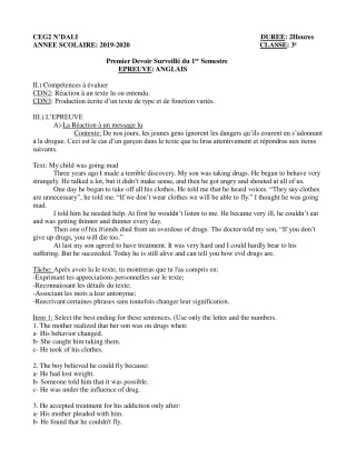 Première page de Anglais 6e, 5e, 4e, 4e ML, 3e, 3e ML — 1er devoir surveillé, 1er semestre (2019-2020) · CEG 2 N'DALI