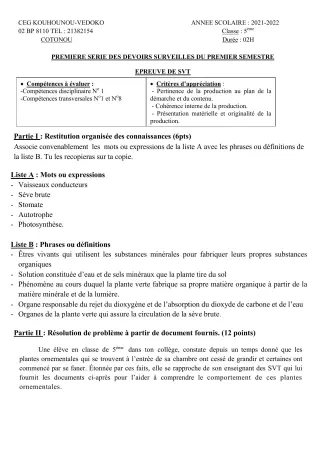 Première page de SVT 5e — 1er devoir surveillé, 1er semestre (2021-2022) · CEG Kouhounou-Vêdoko