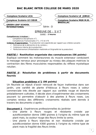 Première page de Examen Blanc de SVT — Tle D — CPEG LICA (2019)