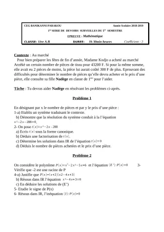 Première page de Mathématiques 1ère A2, 1ère B — 1er devoir surveillé (2018-2019) · CEG Banikanni